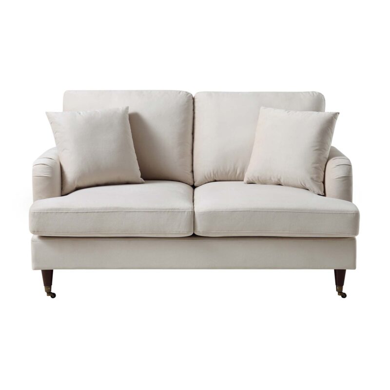 Brigette 2-Seater Beige Velvet Sofa with Antique Brass Castor Legs - Image 4