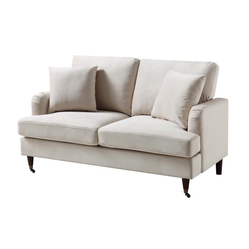 Brigette 2-Seater Beige Velvet Sofa with Antique Brass Castor Legs - Image 5