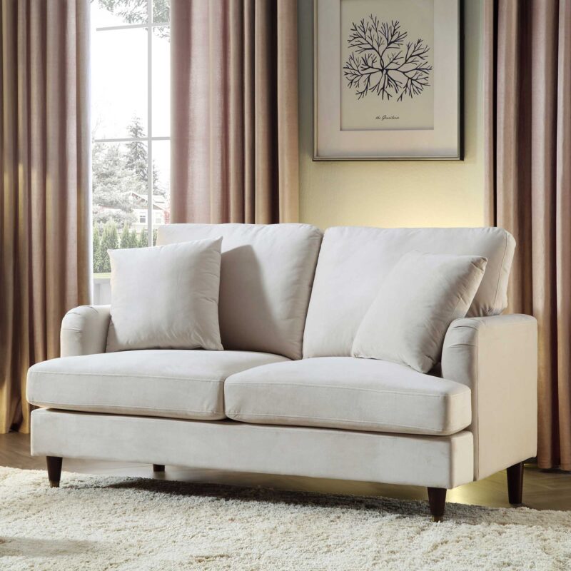 Brigette 2-Seater Beige Velvet Sofa with Antique Brass Castor Legs - Image 2