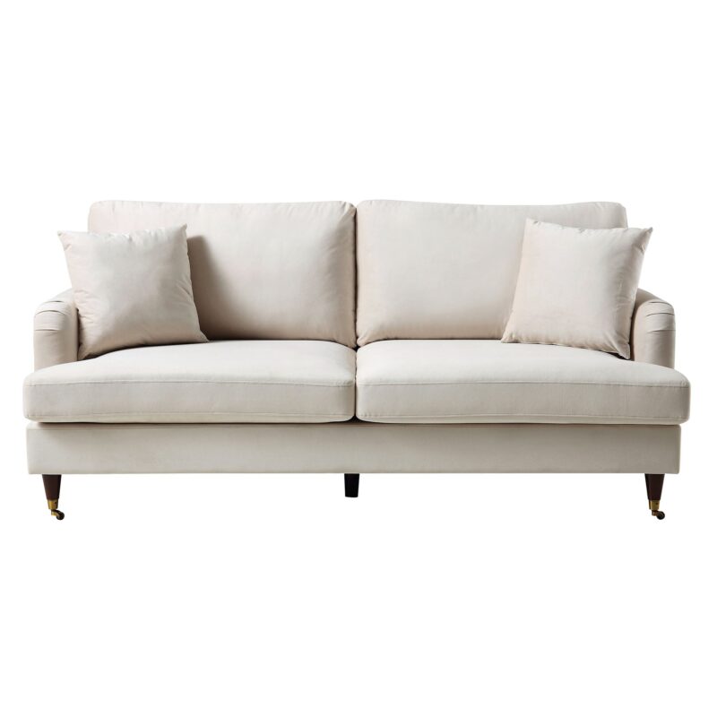 Brigette 3-Seater Beige Velvet Sofa with Antique Brass Castor Legs - Image 4