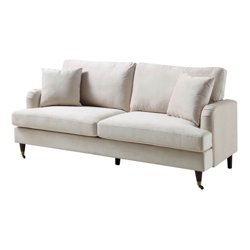 Brigette 3-Seater Beige Velvet Sofa with Antique Brass Castor Legs - Image 5