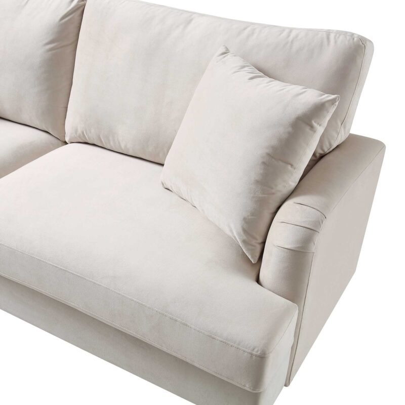 Brigette 3-Seater Beige Velvet Sofa with Antique Brass Castor Legs - Image 10