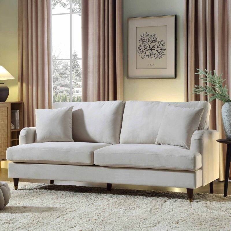 Brigette 3-Seater Beige Velvet Sofa with Antique Brass Castor Legs - Image 2