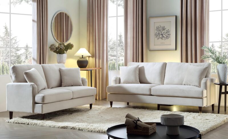 Brigette 3-Seater Beige Velvet Sofa with Antique Brass Castor Legs - Image 3