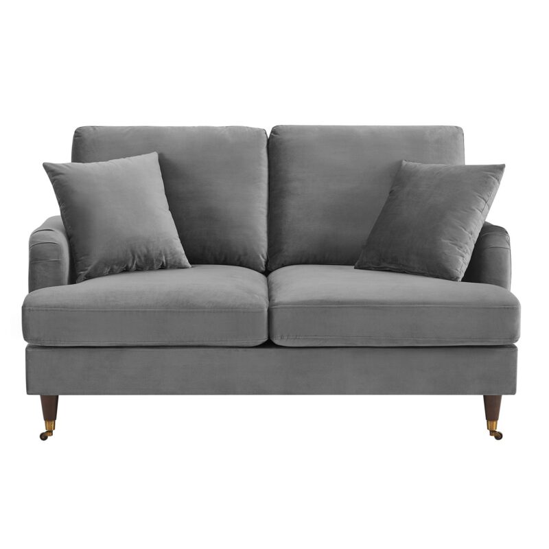 Brigette 2-Seater Grey Velvet Sofa with Antique Brass Castor Legs - Image 4