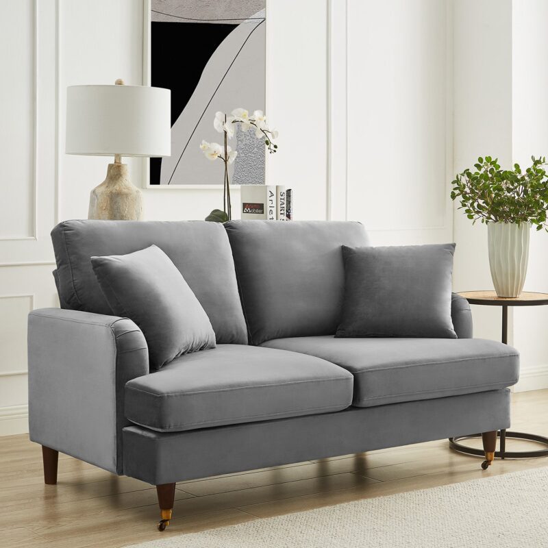 Brigette 2-Seater Grey Velvet Sofa with Antique Brass Castor Legs - Image 2