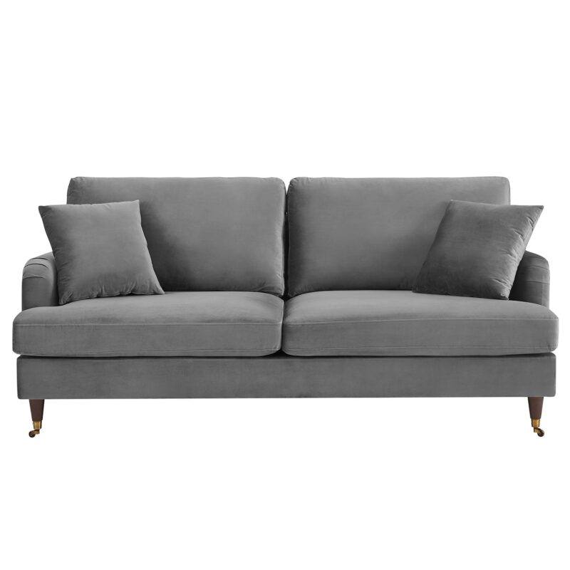 Brigette 3-Seater Grey Velvet Sofa with Antique Brass Castor Legs - Image 4