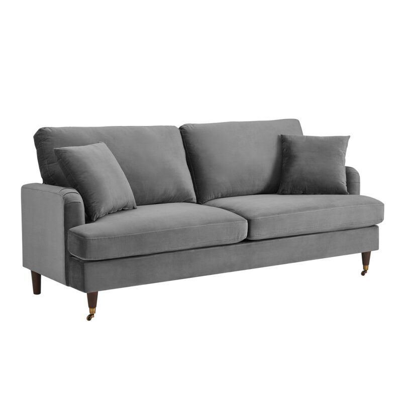 Brigette 3-Seater Grey Velvet Sofa with Antique Brass Castor Legs - Image 5