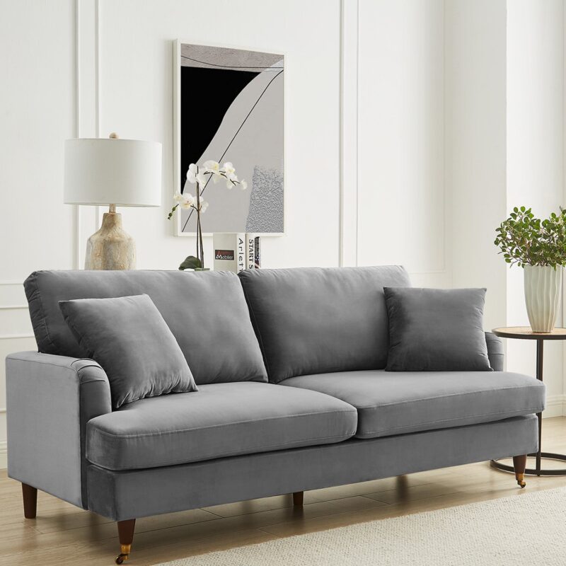 Brigette 3-Seater Grey Velvet Sofa with Antique Brass Castor Legs - Image 2