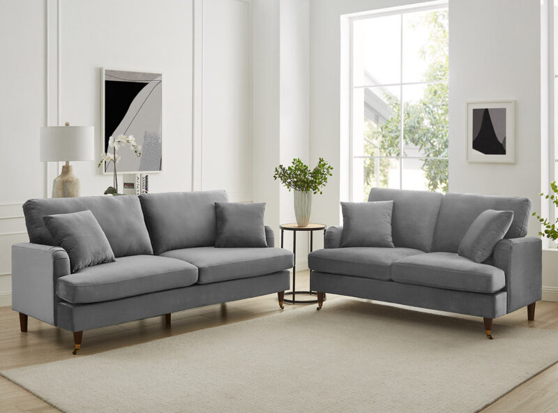 Brigette 3-Seater Grey Velvet Sofa with Antique Brass Castor Legs - Image 3