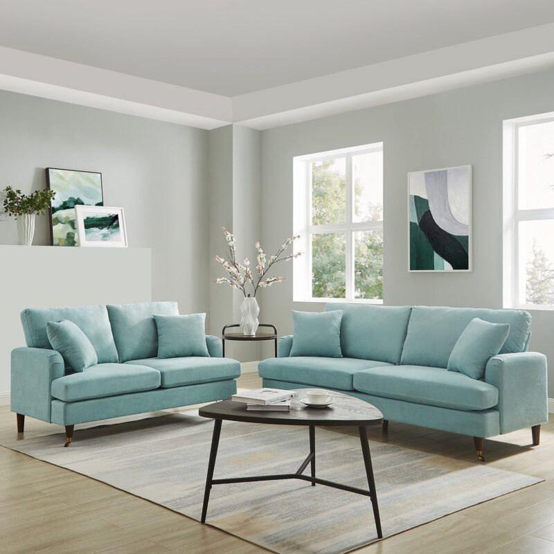 Brigette 2-Seater Mint Soft Brushed Sofa with Antique Brass Castor Legs - Image 3