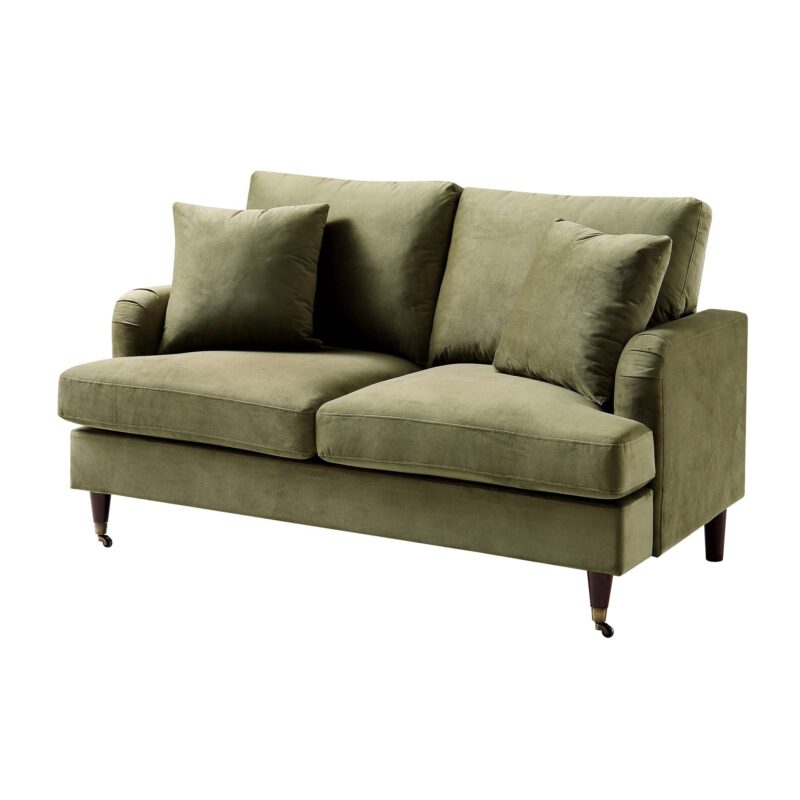 Brigette 2-Seater Olive Green Velvet Sofa with Antique Brass Castor Legs - Image 5