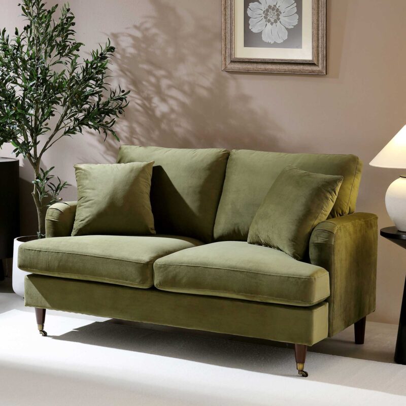 Brigette 2-Seater Olive Green Velvet Sofa with Antique Brass Castor Legs - Image 2