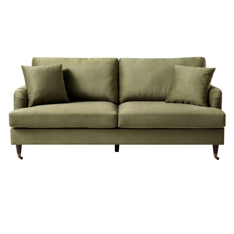 Brigette 3-Seater Olive Green Velvet Sofa with Antique Brass Castor Legs - Image 4