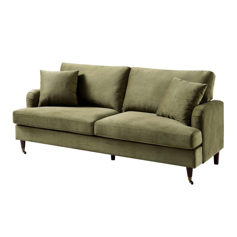 Brigette 3-Seater Olive Green Velvet Sofa with Antique Brass Castor Legs - Image 5