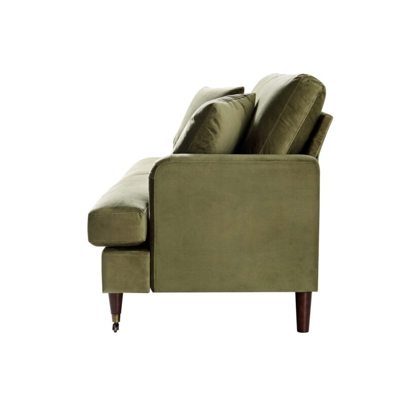 Brigette 3-Seater Olive Green Velvet Sofa with Antique Brass Castor Legs - Image 7