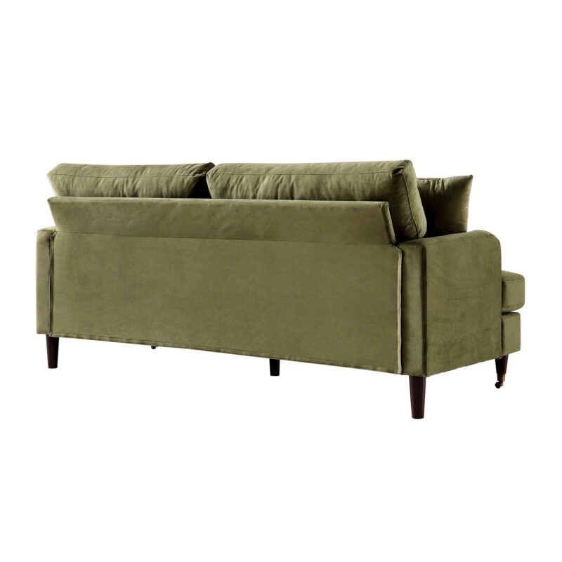 Brigette 3-Seater Olive Green Velvet Sofa with Antique Brass Castor Legs - Image 9