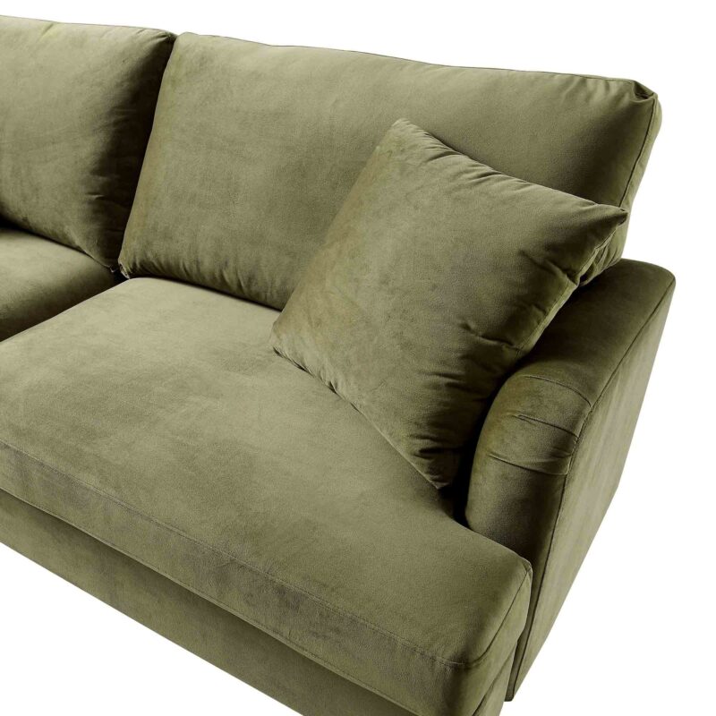 Brigette 3-Seater Olive Green Velvet Sofa with Antique Brass Castor Legs - Image 10