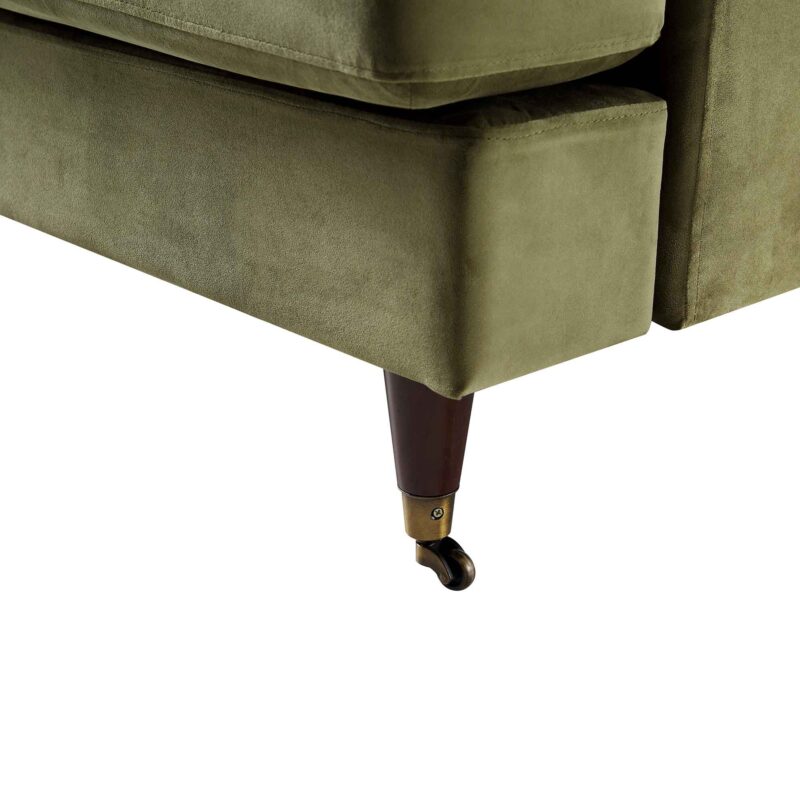 Brigette 3-Seater Olive Green Velvet Sofa with Antique Brass Castor Legs - Image 13