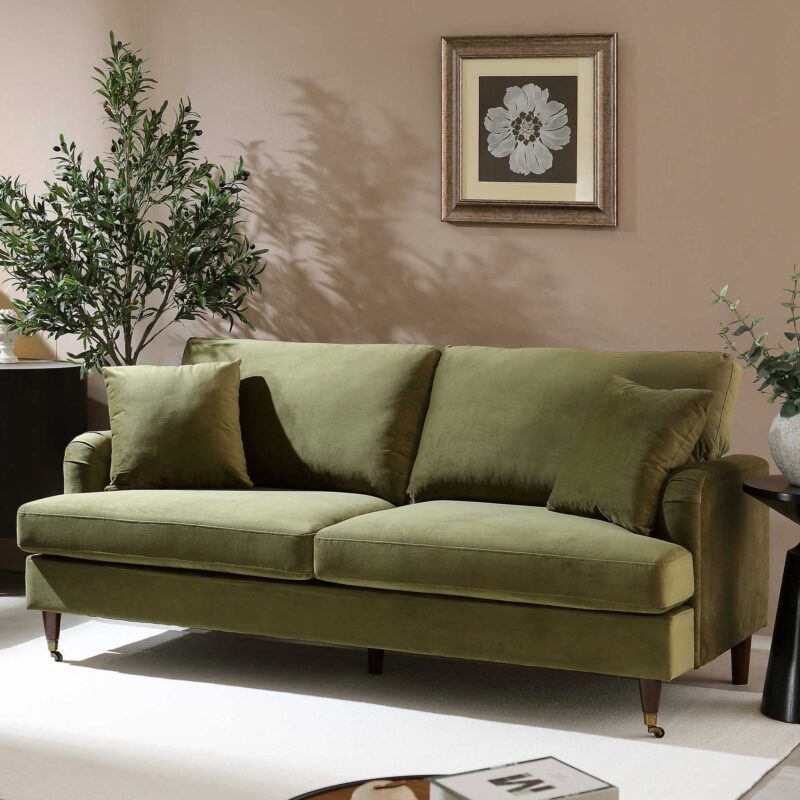 Brigette 3-Seater Olive Green Velvet Sofa with Antique Brass Castor Legs - Image 2