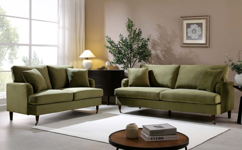 Brigette 3-Seater Olive Green Velvet Sofa with Antique Brass Castor Legs - Image 3
