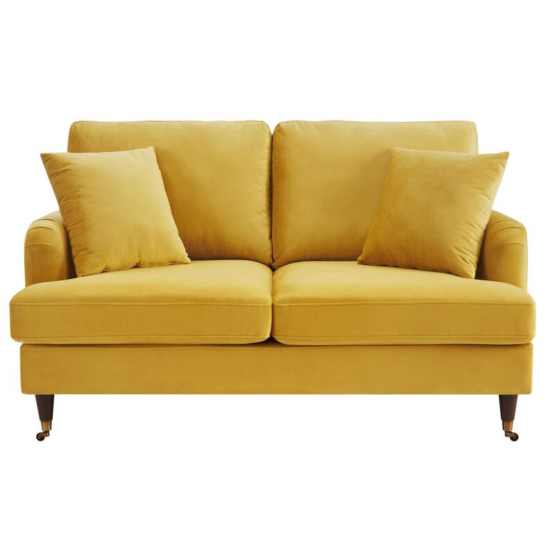 Brigette 2-Seater Mustard Velvet Sofa with Antique Brass Castor Legs - Image 4