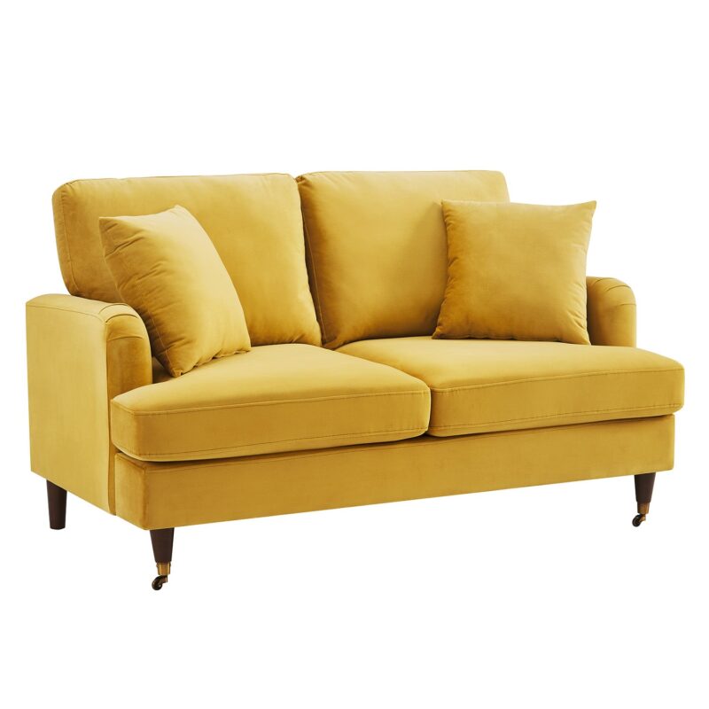Brigette 2-Seater Mustard Velvet Sofa with Antique Brass Castor Legs - Image 5