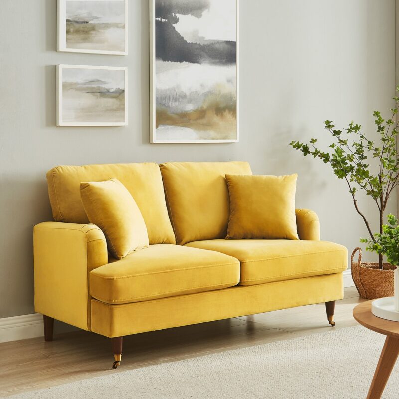 Brigette 2-Seater Mustard Velvet Sofa with Antique Brass Castor Legs - Image 2
