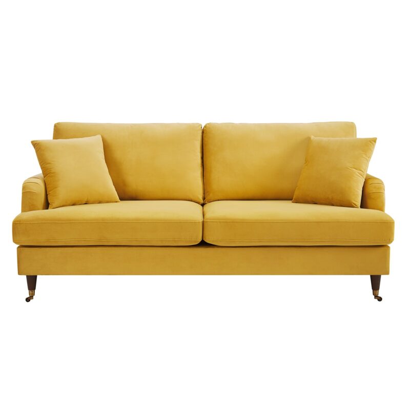 Brigette 3-Seater Mustard Velvet Sofa with Antique Brass Castor Legs - Image 4