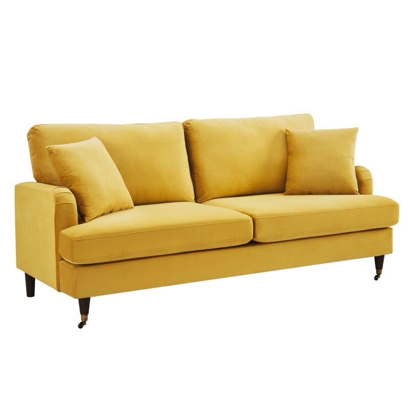 Brigette 3-Seater Mustard Velvet Sofa with Antique Brass Castor Legs - Image 5