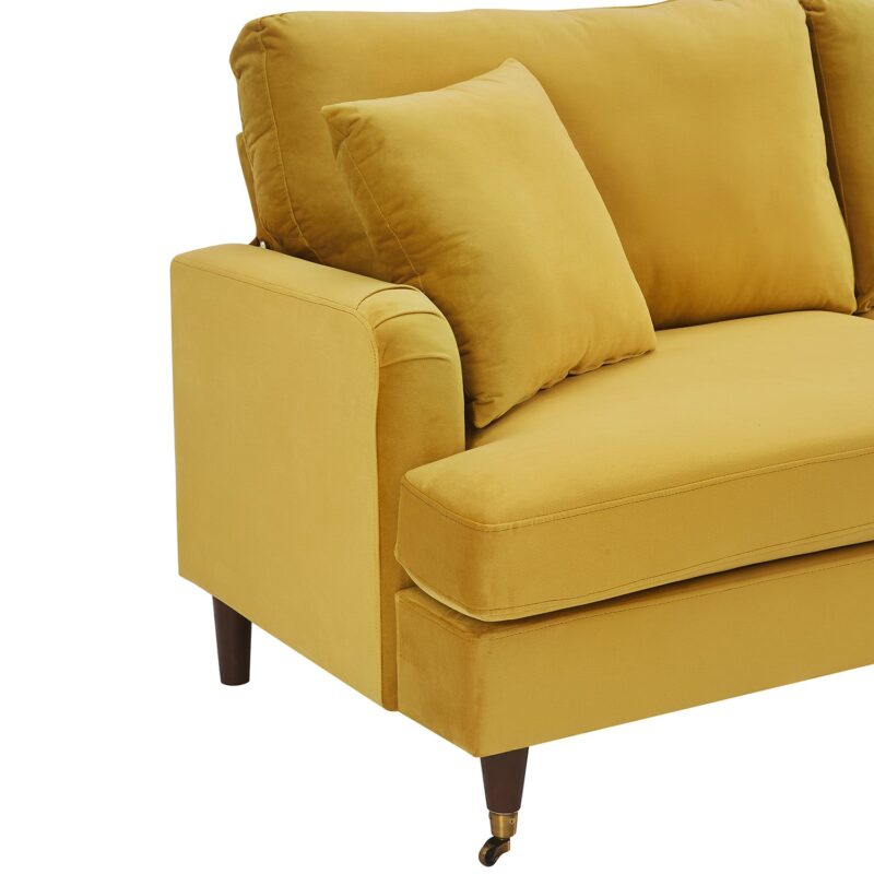 Brigette 3-Seater Mustard Velvet Sofa with Antique Brass Castor Legs - Image 8
