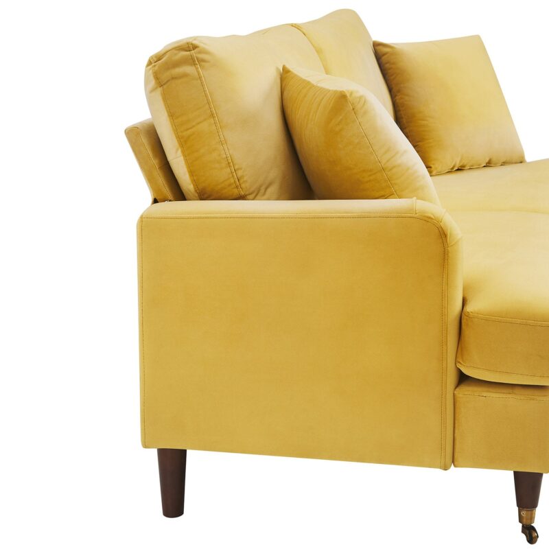 Brigette 3-Seater Mustard Velvet Sofa with Antique Brass Castor Legs - Image 9