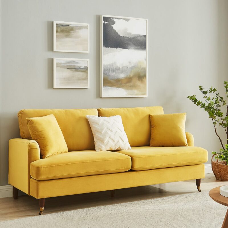 Brigette 3-Seater Mustard Velvet Sofa with Antique Brass Castor Legs - Image 2