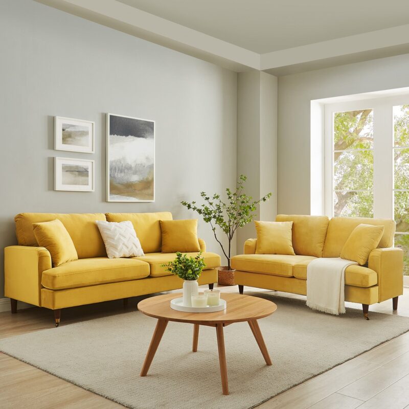 Brigette 2-Seater Mustard Velvet Sofa with Antique Brass Castor Legs - Image 3