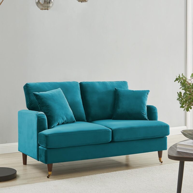 Brigette 2-Seater Teal Velvet Sofa with Antique Brass Castor Legs - Image 2