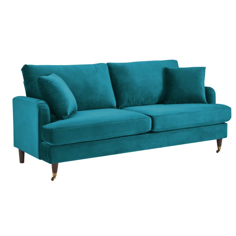 Brigette 3-Seater Teal Velvet Sofa with Antique Brass Castor Legs - Image 5