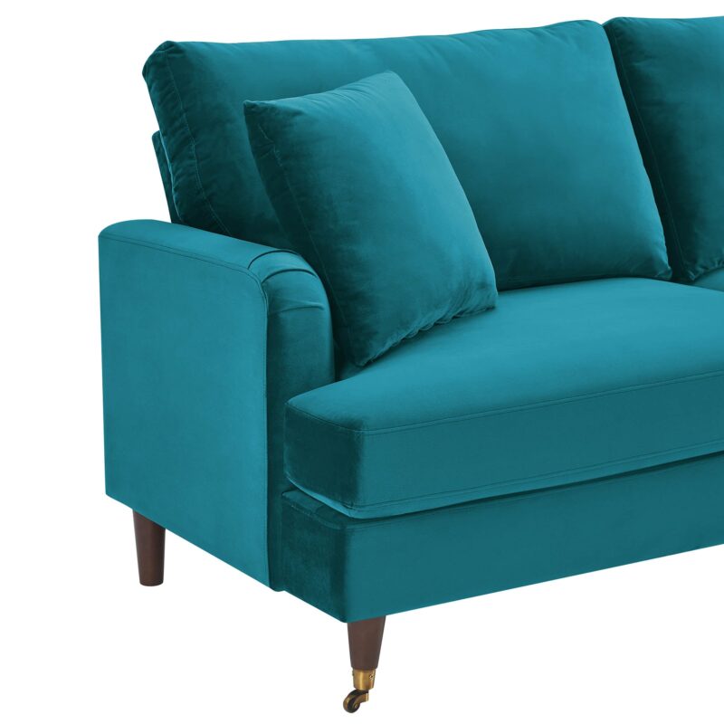 Brigette 3-Seater Teal Velvet Sofa with Antique Brass Castor Legs - Image 8