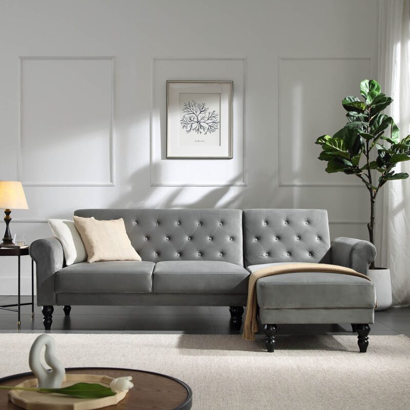 Hanney Chesterfield Chaise Sofabed in Grey Velvet - Image 2