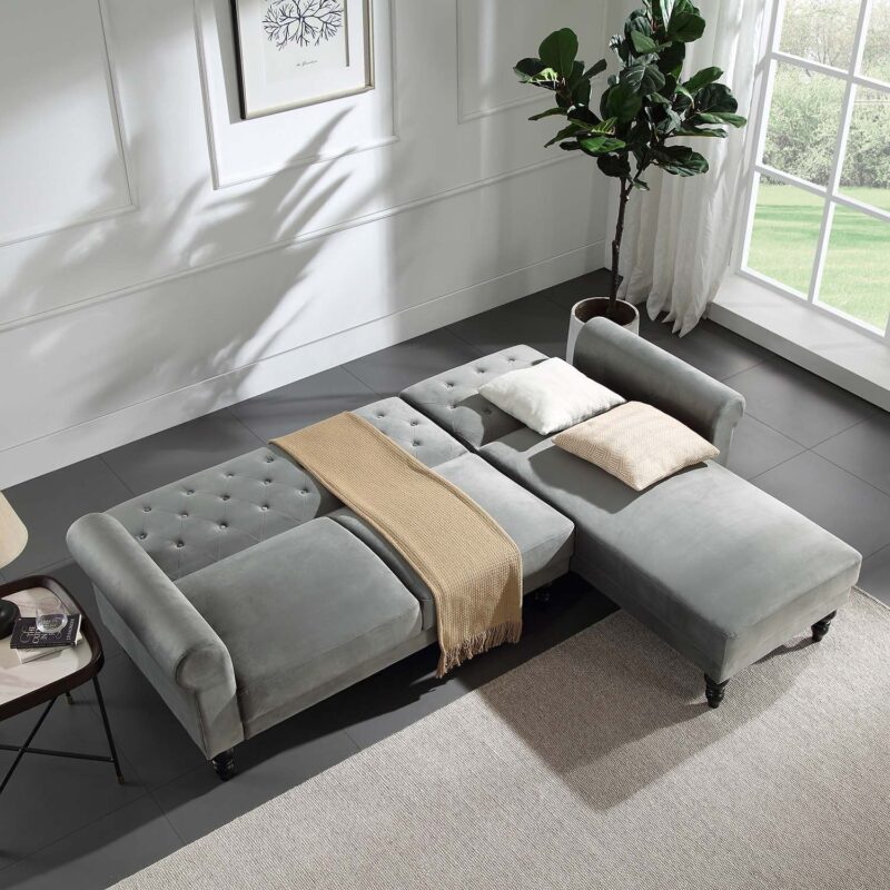 Hanney Chesterfield Chaise Sofabed in Grey Velvet - Image 3
