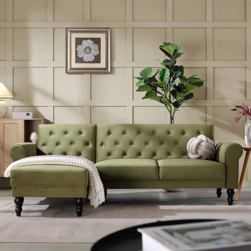 Hanney Chesterfield Chaise Sofabed in Moss Green Velvet - Image 2