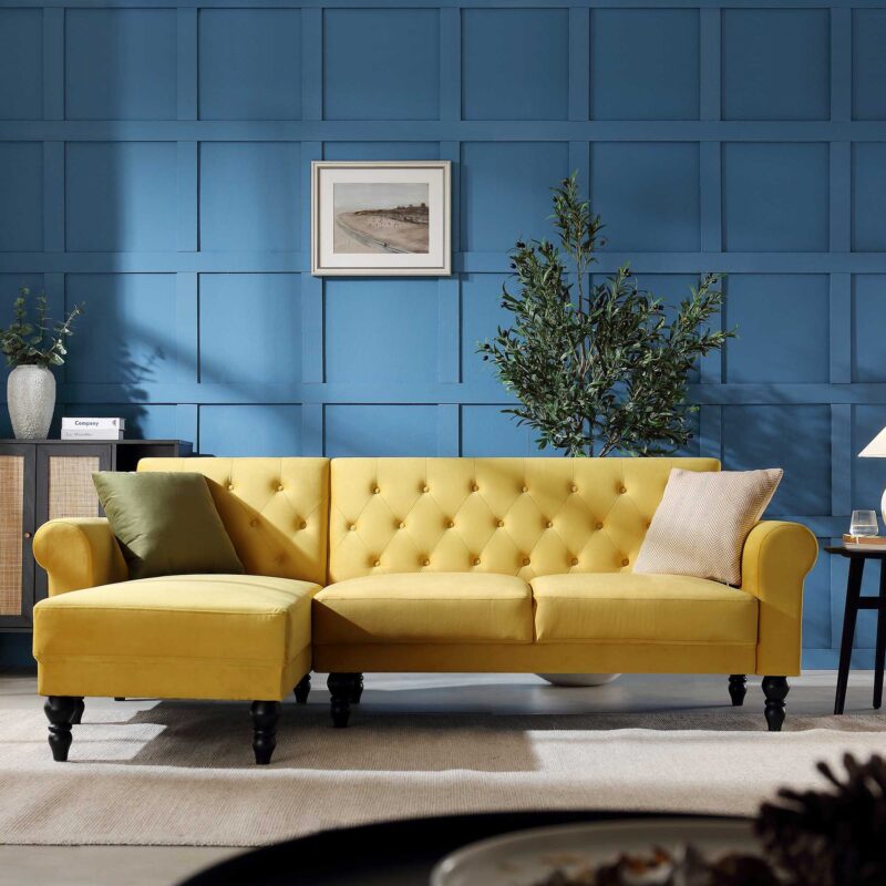 Hanney Chesterfield Chaise Sofabed in Mustard Yellow Velvet - Image 2