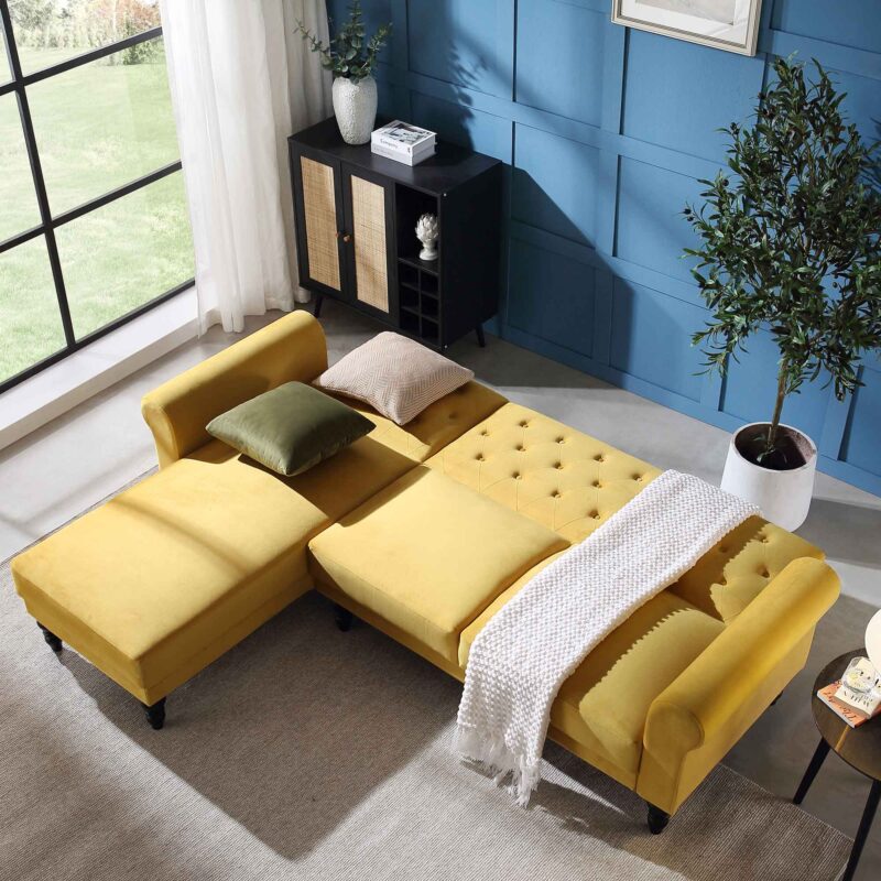 Hanney Chesterfield Chaise Sofabed in Mustard Yellow Velvet - Image 3