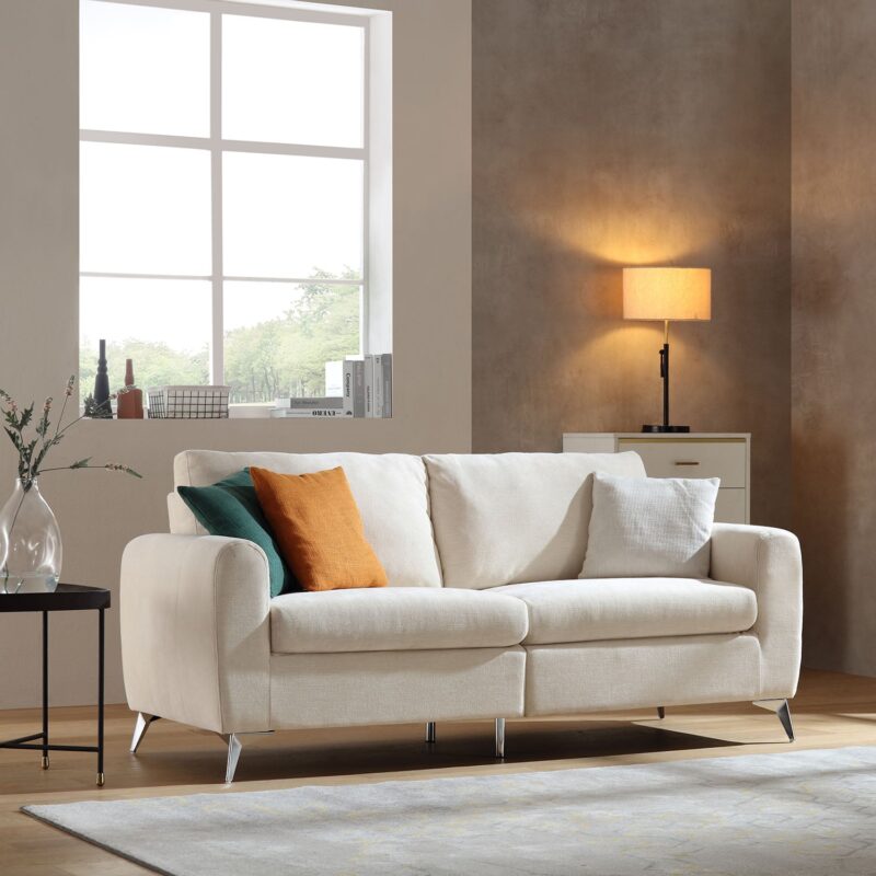 Noak 3-Seater Beige Woven Fabric Sofa with Chrome Legs - Image 2