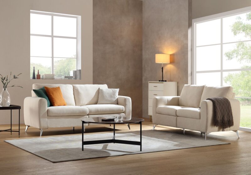 Noak 2-Seater Beige Woven Fabric Sofa with Chrome Legs - Image 3