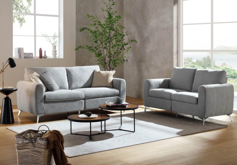 Noak 2-Seater Grey Woven Fabric Sofa with Chrome Legs - Image 3