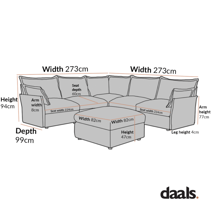 Byron Pillow Edge Mist Grey Boucle Modular Sofa, 5-Seater Corner & Stool Set - Image 6