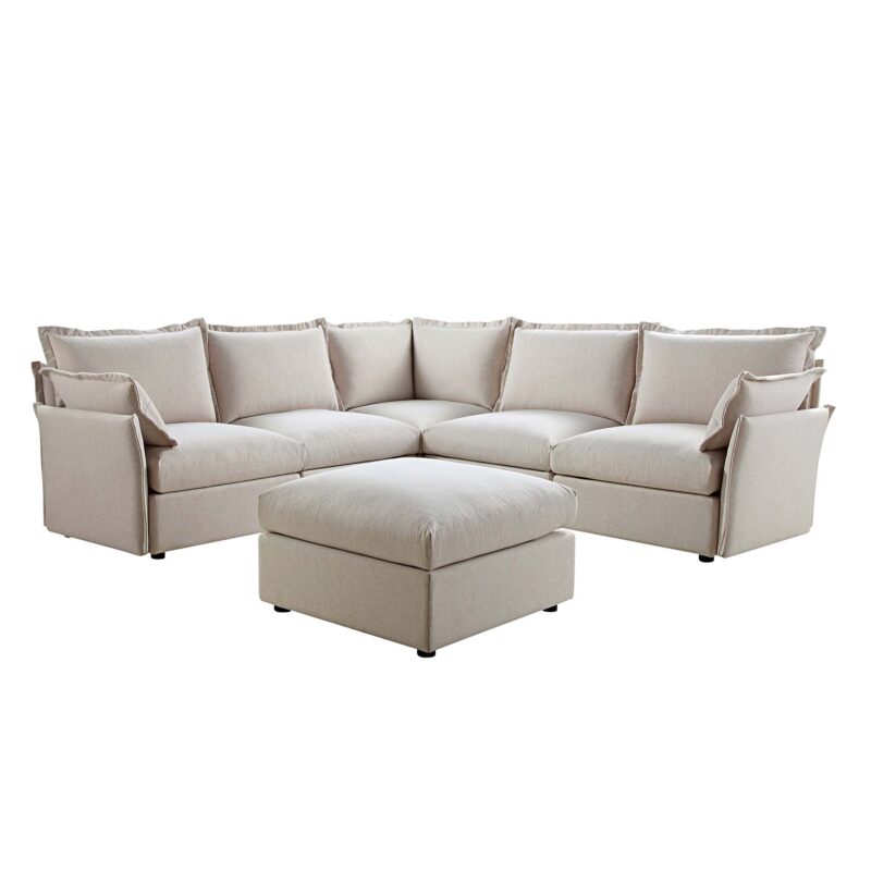 Byron Pillow Edge Beige Fabric Modular Sofa, 5-Seater Corner & Stool Set - Image 2