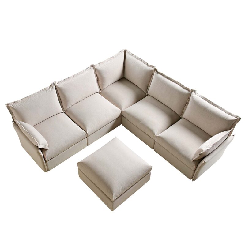 Byron Pillow Edge Beige Fabric Modular Sofa, 5-Seater Corner & Stool Set - Image 3