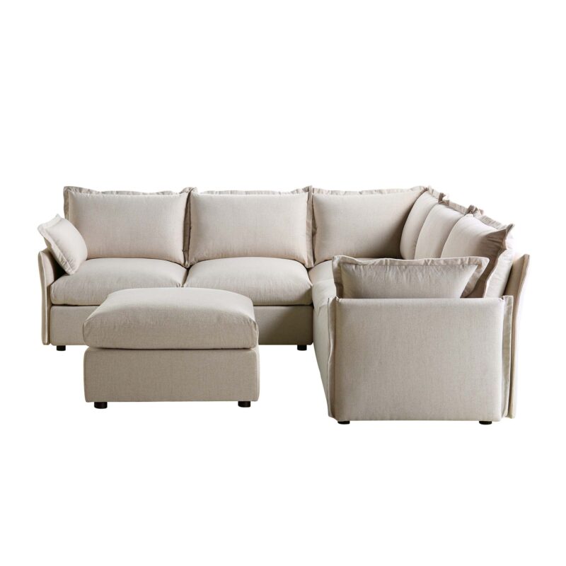 Byron Pillow Edge Beige Fabric Modular Sofa, 5-Seater Corner & Stool Set - Image 6