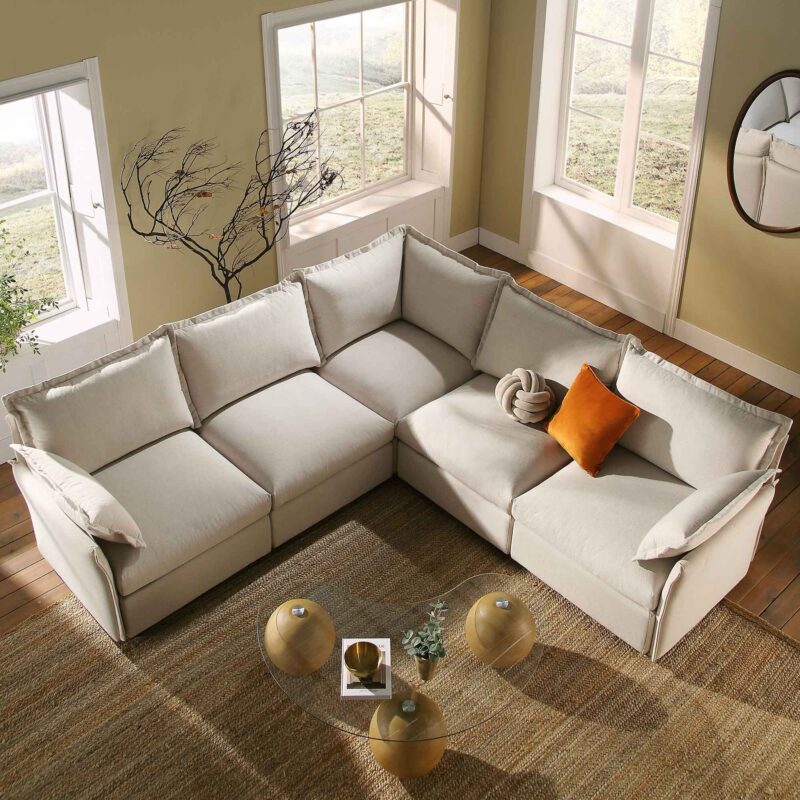 Byron Pillow Edge Beige Fabric Modular Sofa, 5-Seater Corner - Image 2